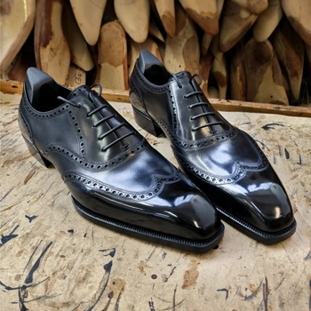 Черни мъжки oxfords дантела с квадратни пръсти, пролетно-есенни мъжки модел обувки ръчна изработка, Безплатна доставка, размер 38-46