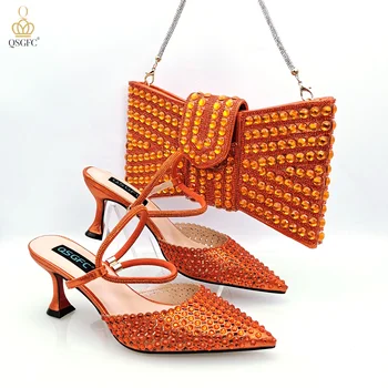 Модерен дизайн QSGFC оранжев цвят, два начина на носене на обувки и чанти през рамо, обувки на висок ток И чанта-плик от същия стил