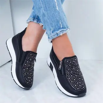 2023 Дамски обувки на платформа, черни маратонки с цип, дамски спортни обувки за тенис с кристали