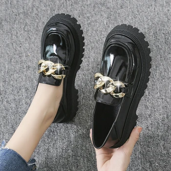2023 Дамски модни и ежедневни кожени обувки на платформа с кръгла пръсти, обувки на равна подметка, с метална верига, ръчно изработени обувки, дамски обувки на плоска подметка
