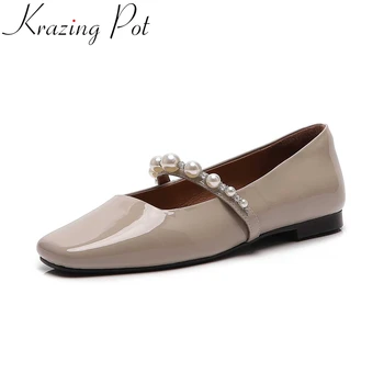 Krazing Pot, лачена кожа, квадратен чорап, Корейски стил, перлено-сладки лаконичен пролетни обувки, слипоны за срещи, Елегантни дамски обувки на плоска подметка за шофиране