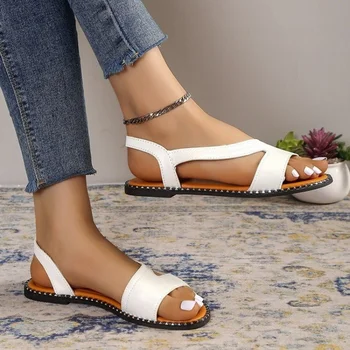 Марка дамски обувки 2023, летни дамски сандали-гладиатори, лаконичен плажни сандали без закопчалка на равна подметка, Римска дамски обувки zapatos