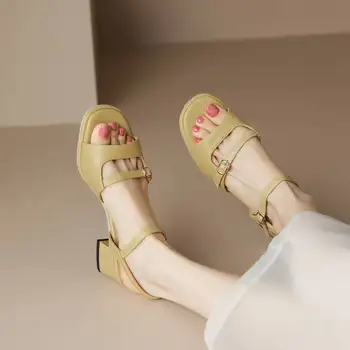 SIMLOVEYO/ Лаконичен дамски сандали с отворени пръсти на масивна ток 5 см с джапанки с двойна катарама, големи размери 40, 41, 42, 43, Мека елегантен дамски обувки