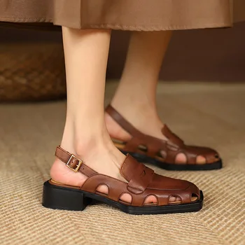Дамски римски сандали в ретро стил от Естествена Кожа Phoentin, Летни Ежедневни сандали За улицата, кафяви, черни сандали със затворени пръсти FT2892
