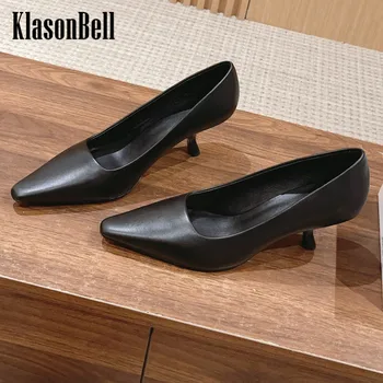 9.27 KlasonBell Темпераментни обувки на токчета в стил ретро с коте, женски удобни обувки-лодка Mary Janes от овча кожа с остри пръсти