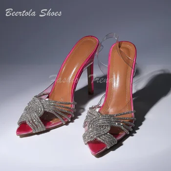 Розово-червени Кристални мъниста Дамски обувки на високи токове от PVC с остри пръсти, светло сребристо-бели Сандали с кръст и диаманти, Синя Ежедневни обувки Модельная