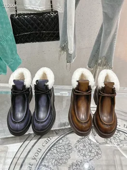 Международна марка По Поръчка Mi * Зимни Обувки На Дебелите Обувки За Жени, Кожени Зимни Топли Вълнени Ботуши На Платформа С Шнур