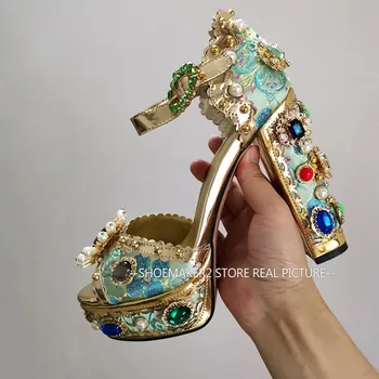 Дамски сандали на платформа с бродерия сини скъпоценни камъни, луксозни вечерни обувки на сверхвысоком обувки, Дамски официални сватбени сандали за младоженци