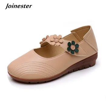 Дамски обувки-лодка Mary Jane нисък ток от изкуствена кожа велкро, есенна ежедневни обувки в стил ретро с цветя, однотонная меки обувки за майките с кръгло бомбе