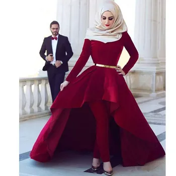 Бордо Мюсюлмански вечерни рокли, Бална рокля с дълги ръкави Velvet колан Ислямски Дубай Саудовско-Арабски Дълга официална вечерна рокля за абитуриентски бал