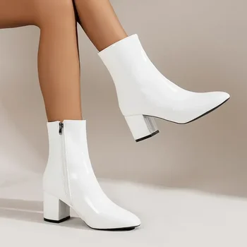 Бели дамски ботильоны със страничен цип, еластични среден ток, къси ботуши голям размер, Модерен остроносые обувки Botas De Mujer 2024 г.