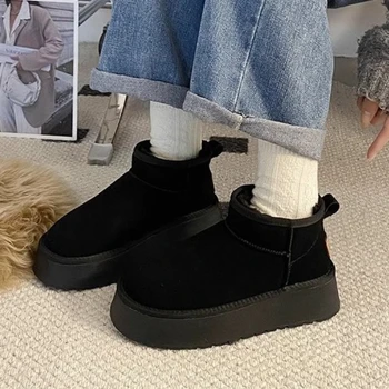 Ежедневни и удобни дамски зимни обувки на дебела подметка 2024, модни дамски къси ботуши от велур и утолщенного памук