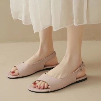 Летни основни сандали за жени, ежедневни обувки на плоска подметка с отворени пръсти и нисък ток, Лаконичен сандали с катарама в една дума, Елегантни дамски обувки