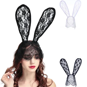 Секси черно-бяла лейси лента за коса, маскарадная маска, женски костюм за Хелоуин, маска за очи с Заячьими уши, аксесоари за коса за cosplay