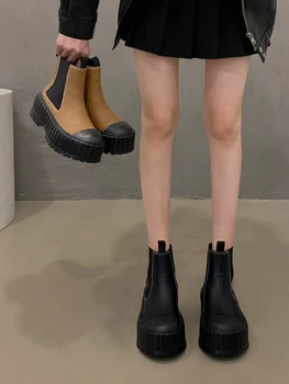 Дамски обувки Къси ботуши 2023 Есента и зимата с Нови модни къси ботуши от дебела подметка и разтеглив ластик в тон