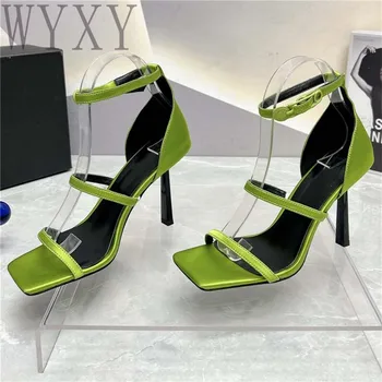 Летни Нови модни дамски сандали с квадратни пръсти, Чубрица обувки на висок ток, Кратки каишка с катарама, Дамски официални обувки от естествена кожа 2023
