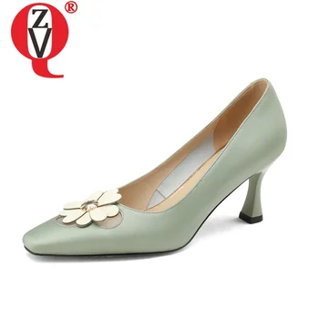 ZVQ Офис дамски Модни обувки-лодка с остри пръсти, Лято-есен, Високи токчета с флорална декорация, Кухи обувки, модельная обувки от естествена кожа