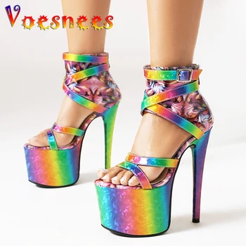 Пикантен дамски обувки за нощни клубове в Европа и Америка, летни преливащи цветове, блестящи сандали на водоустойчив платформа и сверхвысоком токчета 17 см
