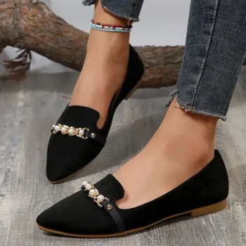 В продажба на дамски обувки, модерен пролетно-есенни слипоны 2023, женски балет апартаменти с остри пръсти, обикновена обувки от флока, мъниста с малките си пръсти