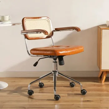Компютърен стол от ратан Ретро Въртящо се Кресло Удобно на Седалката на работния плот, за да се учат Дишаща Подлакътник Стол от Ратан Офис Мебели