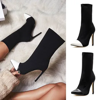 Есенно-зимни дамски обувки, дамски обувки, обувки-лодка на високи токчета в стил мозайка с остри пръсти, дамски чорапи от еластична тъкан, обувки WSH3529
