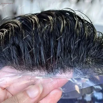 Натурална линия на растеж на косата на Сверхпрочный Мъжка Перука Черно Сива Перука От светли коси VLoop Невидим Тънък Кожен Протеза От изкуствени Капиляри