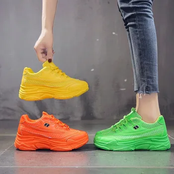Нови дизайнерски обувки, дамски ежедневни обувки на платформа, модни маратонки на платформа Basket Femme, жълти ежедневни обувки дантела, 40