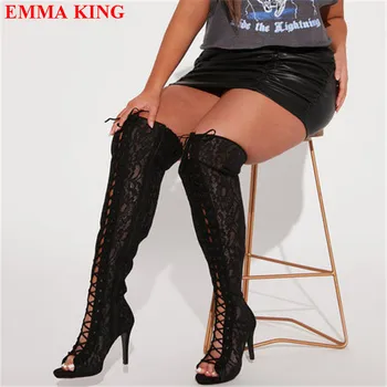 Палав женски черни дантелени ботфорты над коляното, Мода гладиаторски сандали с кръстосани шнур и отворени пръсти, дамски ботуши до бедрото, с високи токчета
