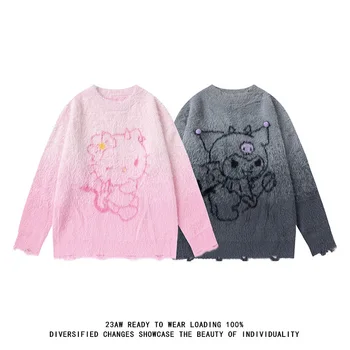 Аниме рисунка на Sanrio Hello Kitty Kuromi Женски пуловер Y2K Есен Зима Нов Свободен пуловер с кръгло деколте Пуловер, Яке Подарък