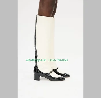 Дамски бели, черни ботуши до коляното от изкуствена кожа Mary Janes, елегантен модел обувки с каишка и катарама на масивна токчета, ниски токчета, без шнур, ново записване, размер 46
