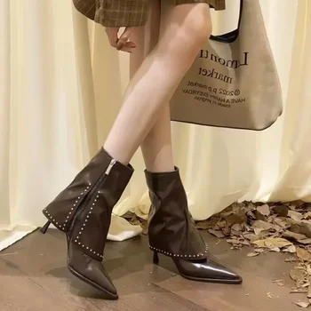 Есенно-зимни дамски обувки, модни дамски обувки джоб с нитове, брючные обувки, дамски ботильоны на тънък висок ток в ковбойском стил в западен стил