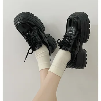 Дамски обувки в стил ретро, Черни Обувки-oxfords на равна подметка В Британския стил, Универсални сабо На платформата, Есенен Дамски Обувки От Спретнати Кожа
