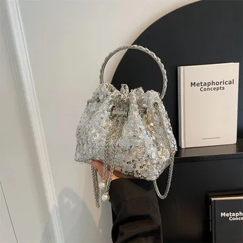 Trend нишевый дизайн, чанта с метален ринг и пайети, модни универсална чанта-кофа, верига, чанта през рамо, мини-вечерна чанта