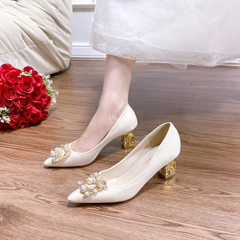 Дамски обувки за сватба със златен ток, украсена с перли, Пикантни женски обувки с остри пръсти, Вечерни модни обувки, елегантни Zapatos Para Mujeres