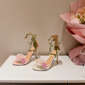 Сватбени обувки 2024 година, нови дамски сандали на висок ток от розов шифон с цветен печат и директен каишка от лоза