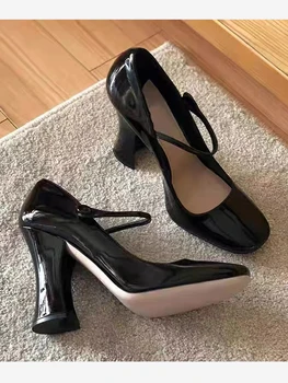 Черни дамски обувки на висок ток, височина 9 см, дебел ток, не утомляющий крака, високи токчета, през пръсти, тънки високи обувки Mary Jane