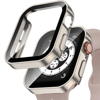 Твърд калъф за Apple Watch 44 мм 40 мм Протектор на екрана от Закалено Стъкло Ултра-Здрав Защитен Калъф iWatch SE 6 5 Starlight