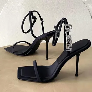 Дамски сандали с квадратни пръсти в стил 2024, Декоративни дамски обувки на висок ток с кристални букви, Пикантни женски обувки за банкет, Сватба обувки, Дамски