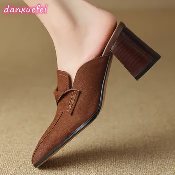 danxuefei/ дамски летни джапанки-слипоны от естествена кожа с квадратни пръсти на висок ток, дебелина 6,5 см, елегантни дамски сандали в стил OL, обувки