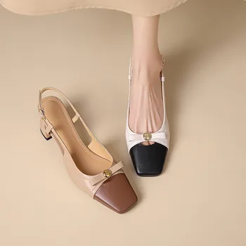 2023 Нови дамски сандали на висок дебел ток, модерен, универсален стил, однотонная обувки за работа в покрайнините, напълно кожени обувки на висок ток