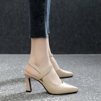 Дамски сандали от мека кожа однотонного цветове, лятото 2023, Нов стил, с дебели токчета, модни дамски обувки на висок ток Baotou