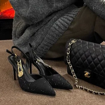 Пикантни сандали на висок ток с остър пръсти и кристали във френски стил, черни универсални женски обувки Sandalias De Mujer