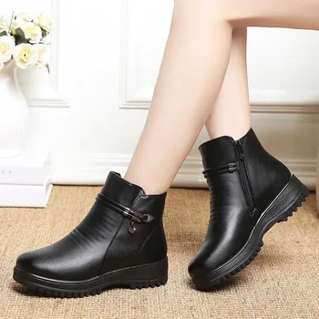 Дамски зимни обувки от черен метал, класическа зимни обувки на меху, женски ботильоны, зимни обувки, модни дамски обувки голям размер