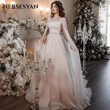 Nersesyan Реколта вечерни сватбени рокли с дълги ръкави-накидками, яка-часова, блестящи мъниста, сватбени рокли, рокля на булката с драпировкой трапецовидна форма