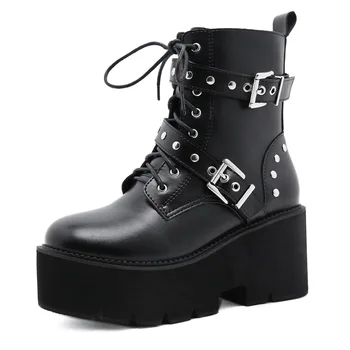 35-43 Пикантни есенни обувки с нитове, дамски обувки на платформа, черни кожени армейските обувки в стил готик пънк за жени в средния ток, удобни