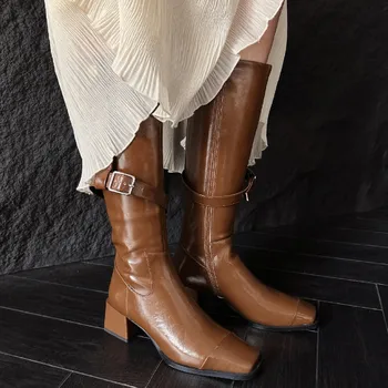 Дамски есенни ботуши до коляното от естествена кожа на среден ток с дебелина от 5 см, със страничен цип, ежедневни дамски престрелки ботуши с метална катарама, дамски обувки