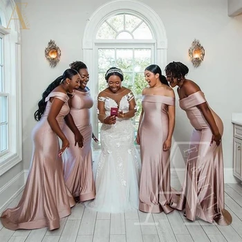 Рокля от розов сатен за сватбени партита с открити рамене Русалка Елегантна дълга сватбена рокля за гости 2024 Халат шаферка на Сватбата