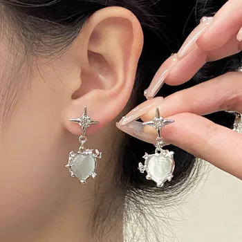 Обеци-капки Y2K Star Сърце с опалом и камък-сламка за жени Kpop Crystal Cross Love Подвесная обица нередовните естетика Egirl Jewelry Подарък