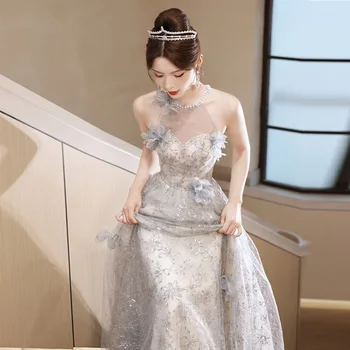 Елегантна секси вечерна рокля с окачване яка, светло на цвят, луксозно пищни рокля трапецовидна форма, без ръкави, украшенное 3D цветя
