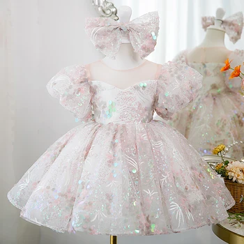 2023 Луксозна вечерна рокля с пайети за момичета, детски бална рокля с кръгло деколте, Розови рокли за сватбени партита с пищни ръкави